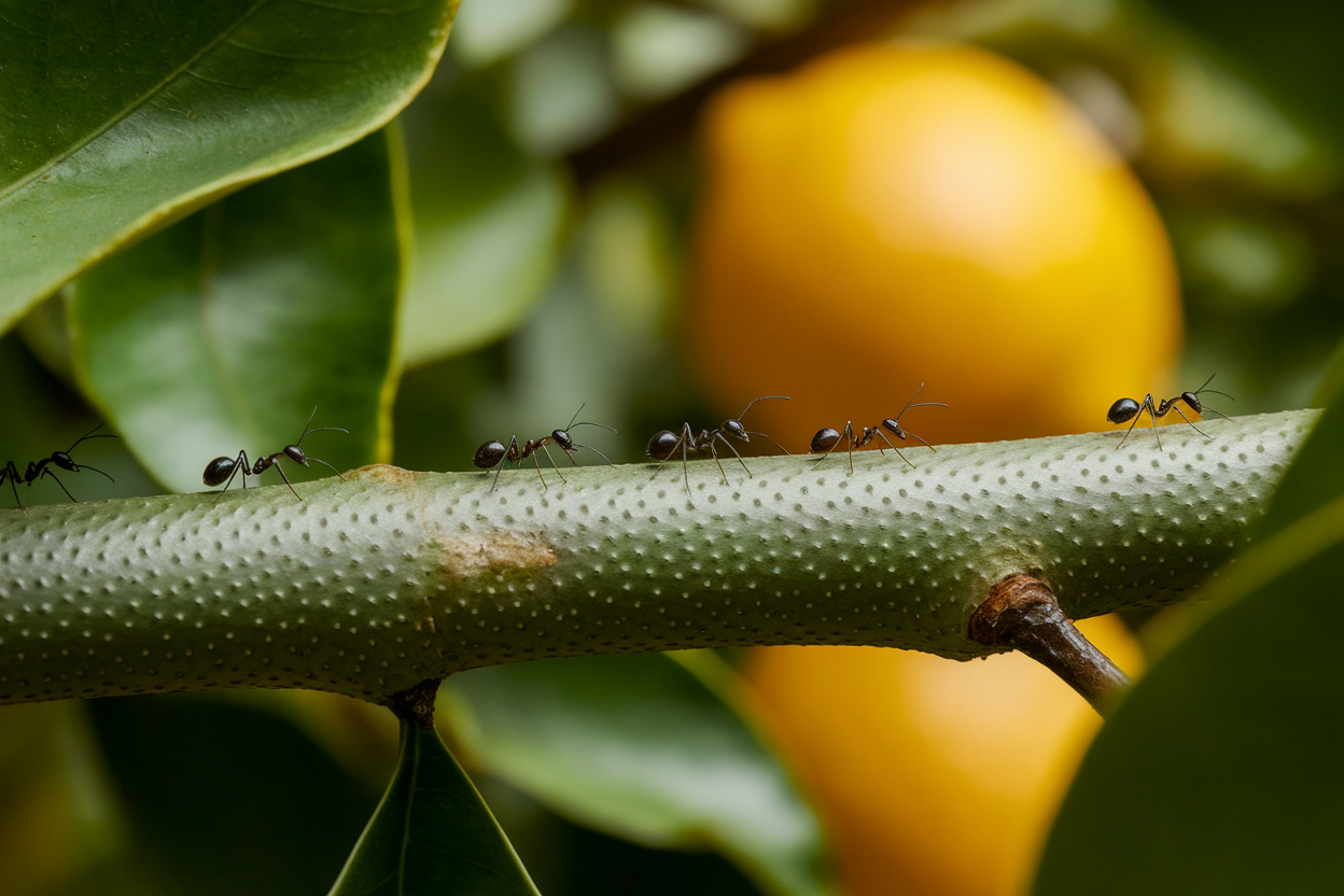 branche-citronnier-fourmis-ecorce-flou