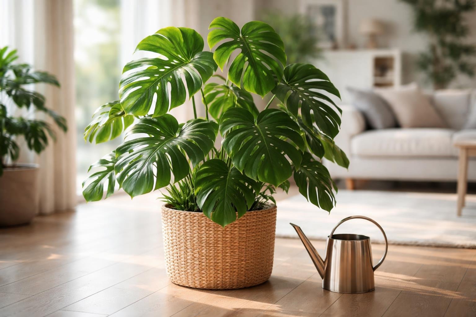 monstera-feuilles-arrosoir-salon-moderne