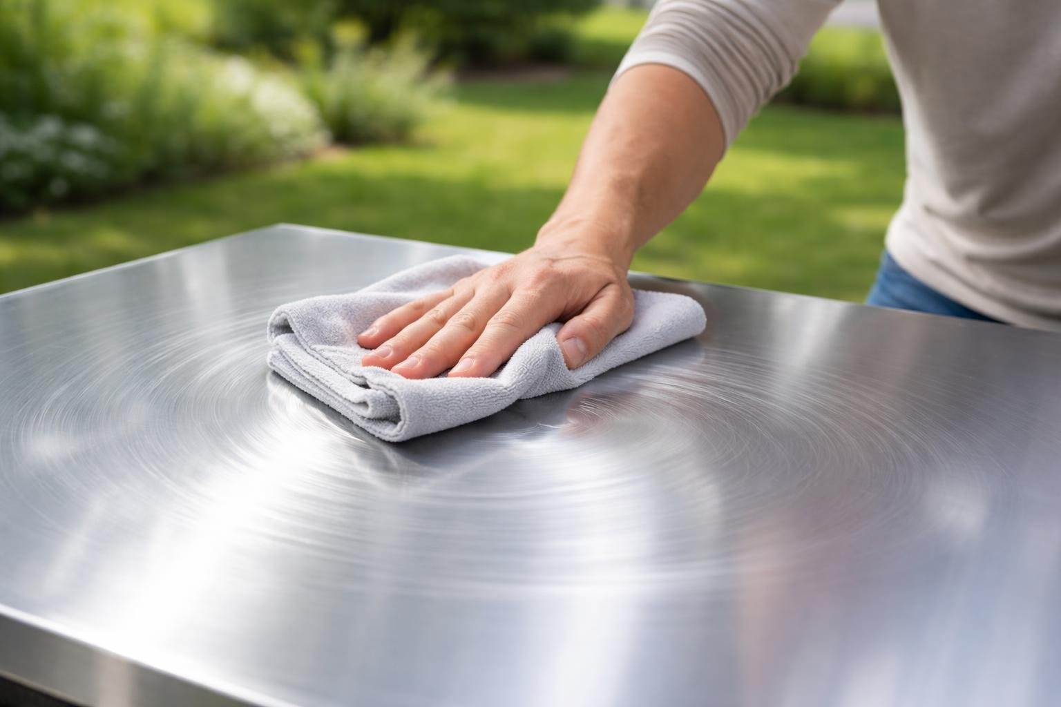 personne-nettoyage-aluminium-jardin-verdoyant