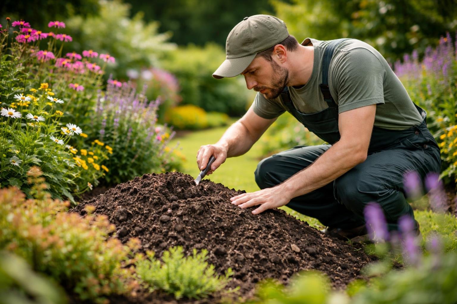 homme-jardin-verdoyant-fleurs-buissons