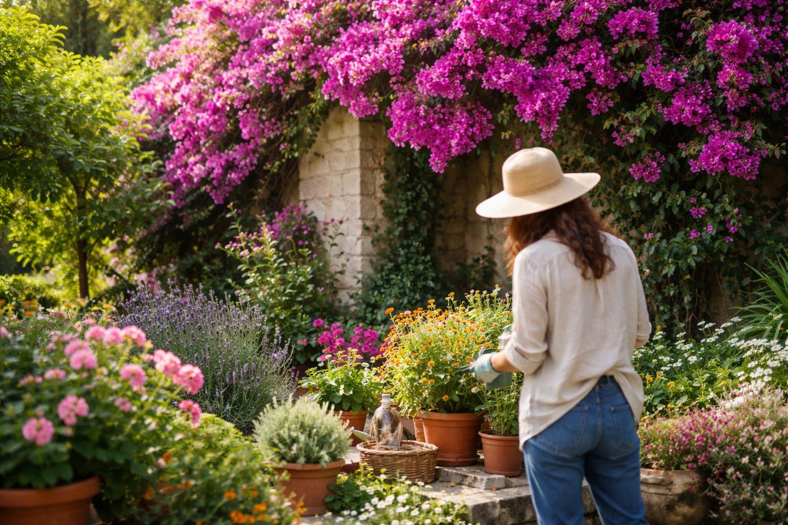 jardin-bougainvillier-fleurs-personne-floue