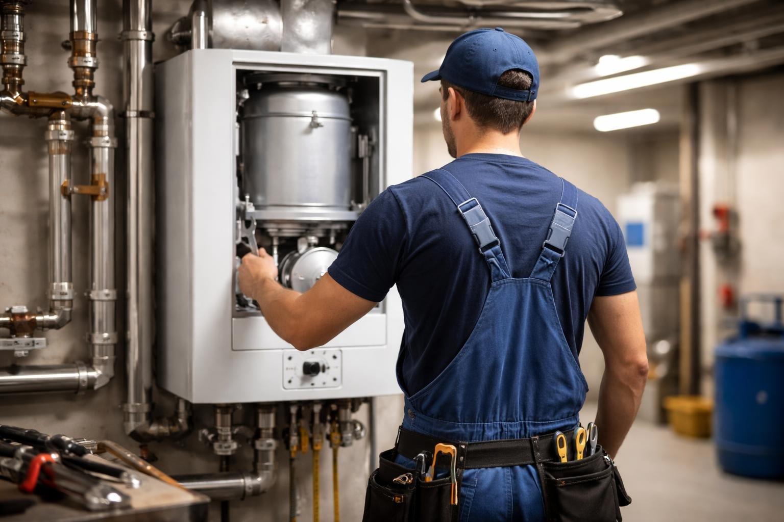 plombier-examine-chaudiere-sous-sol