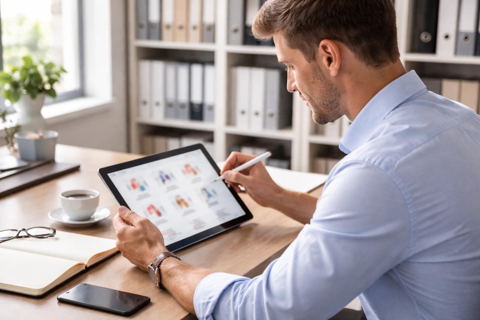 personne-bureau-tablette-etageres-fenetres