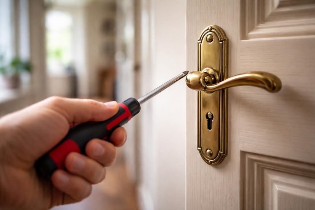 main-tournevis-poignee-porte-floue