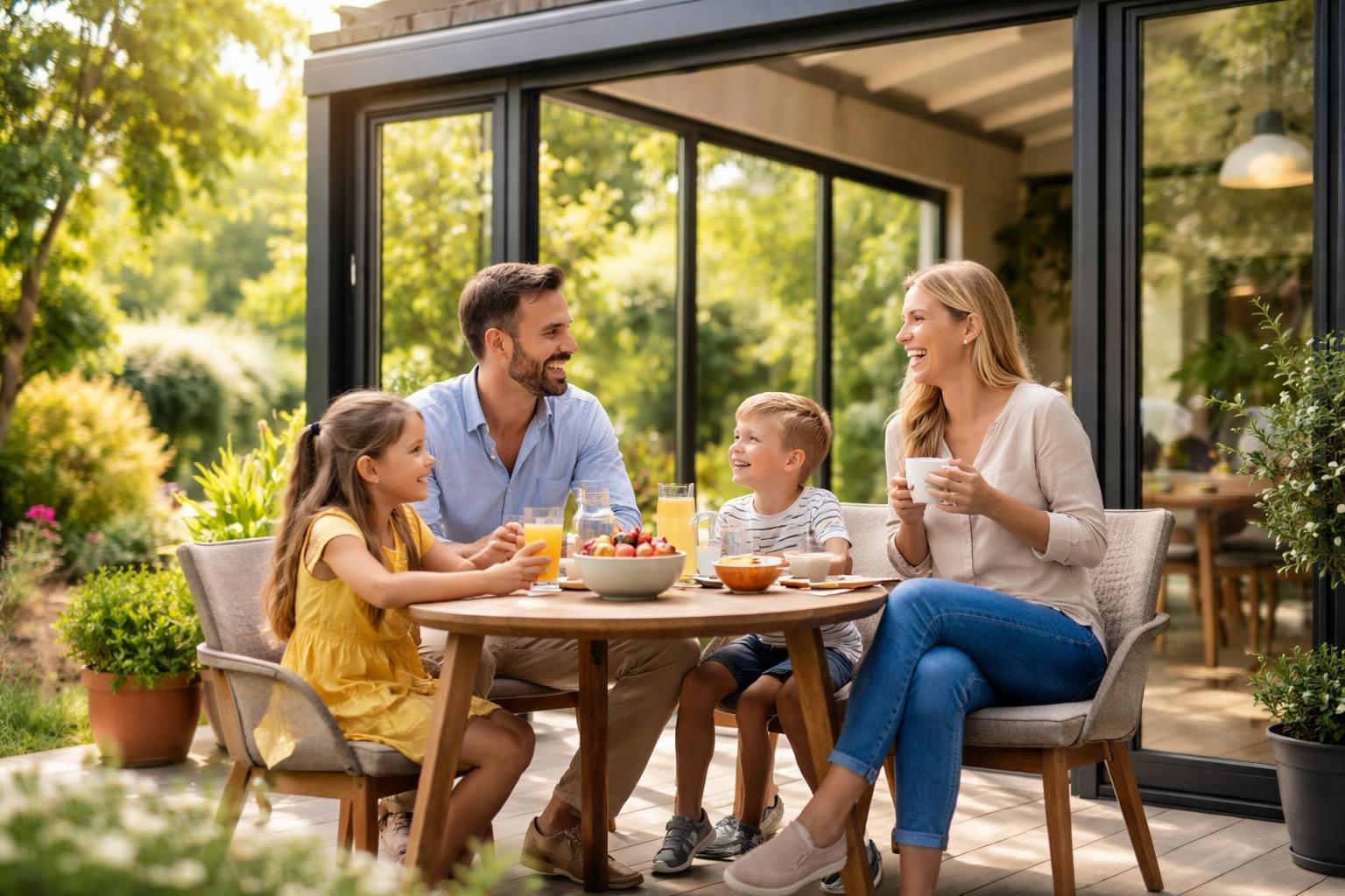 famille-veranda-moderne-jardin-verdoyant