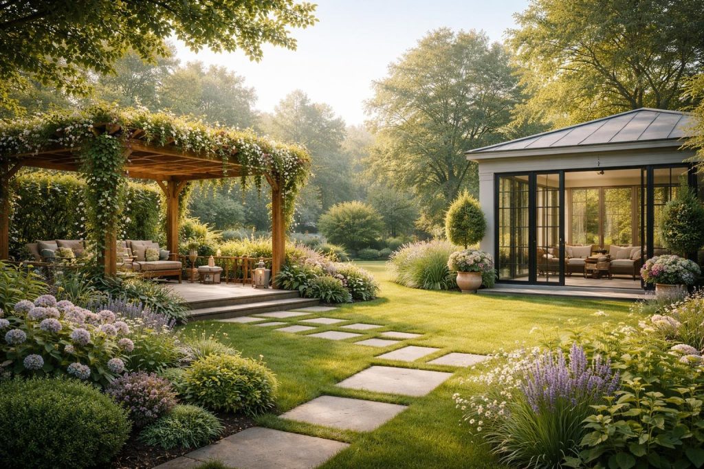 jardin-pergola-bois-plantes-veranda