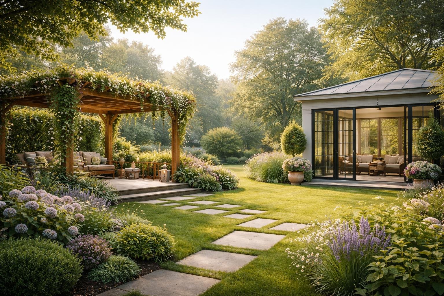 jardin-pergola-bois-plantes-veranda